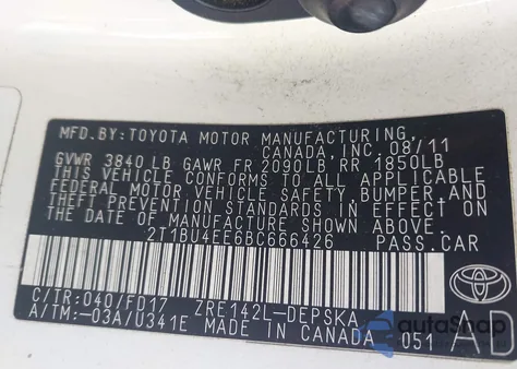 2011 Toyota Corolla S из США, поврежденный, VIN 2T1BU4EE6BC666426